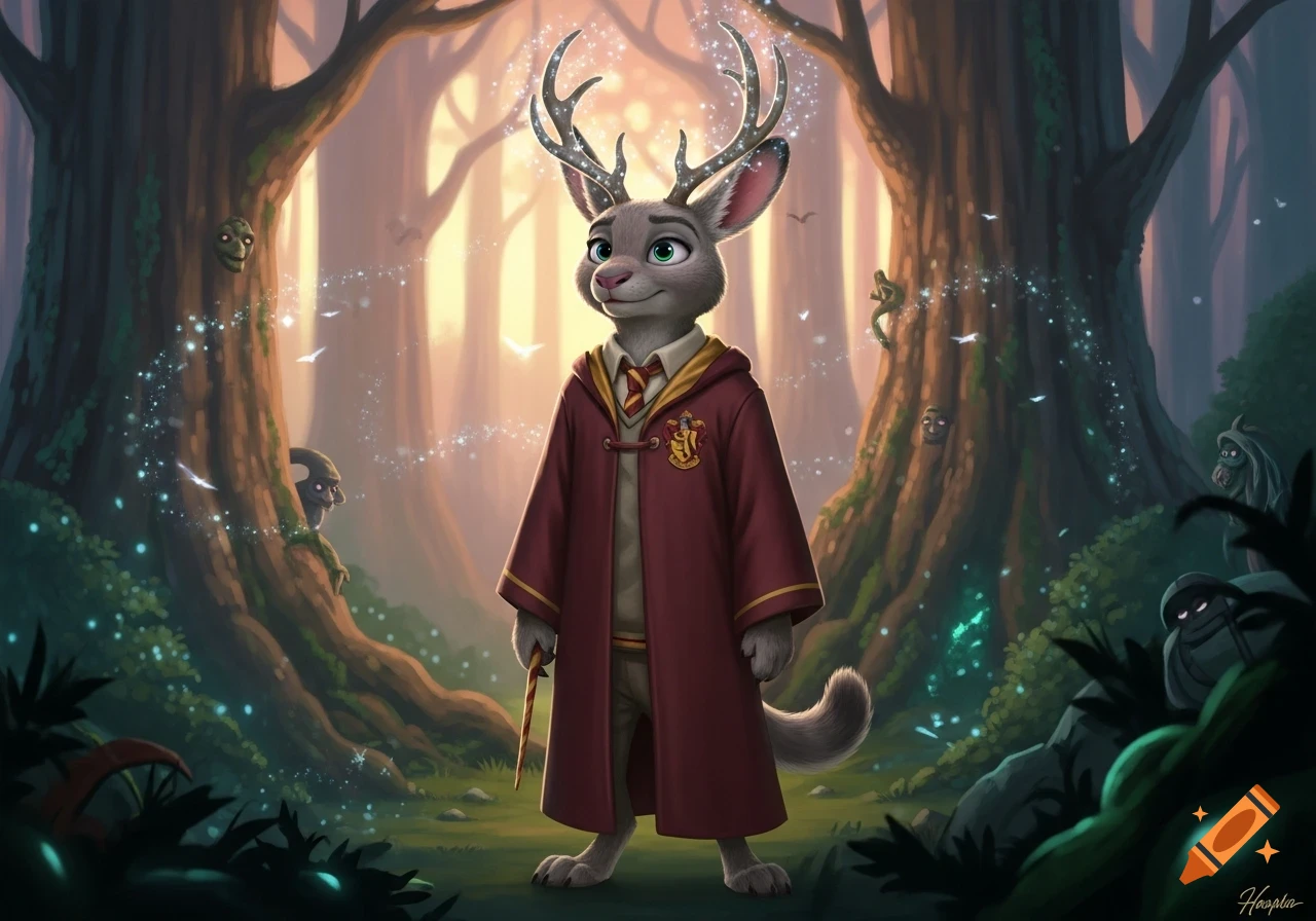 A jackalope-like creature wearing a Hogwarts robe, holding a wand, stands in a magical forest with glowing particles.