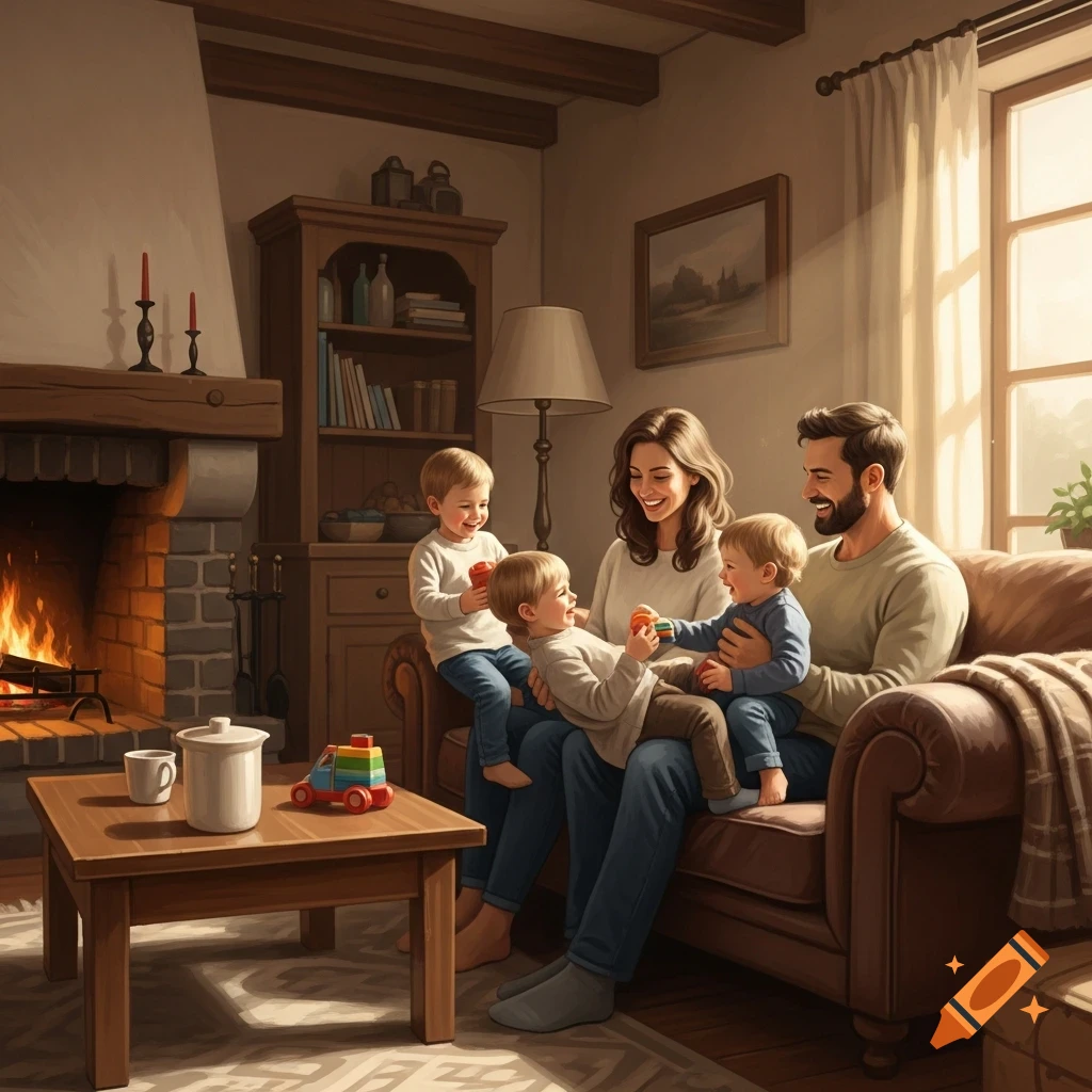 A happy family with two parents and three young children relaxing on a couch in a cozy living room with a fireplace.