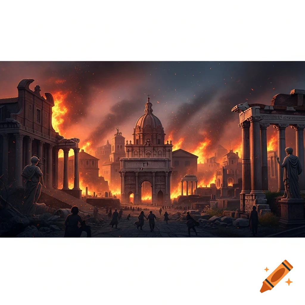Panoramic view of ancient Rome engulfed in massive flames and smoke, with classical buildings burning and small figures fleeing through the ruins.