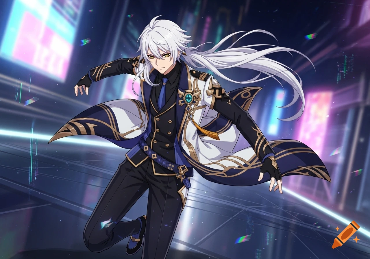 An anime guy with long white hair in a black and white suit with gold and navy accents, against a futuristic glowing background.