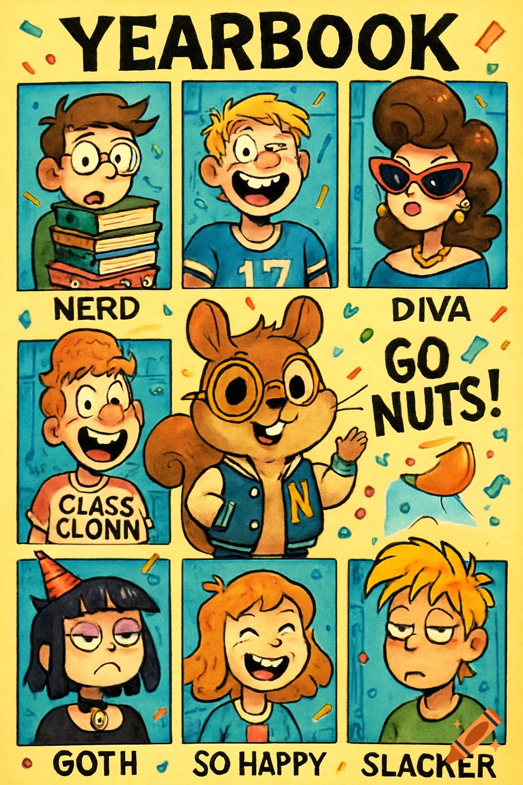 Cartoon yearbook page featuring various student archetypes like a nerd, jock, diva, goth, and a squirrel mascot with "Go Nuts!"