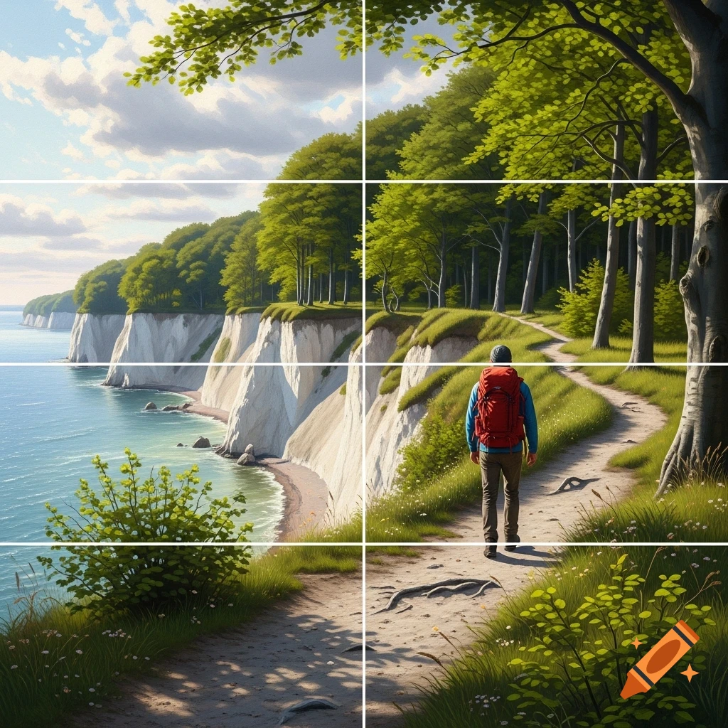 A hiker with a red backpack walks on a dirt path beside white chalk cliffs and the sea, surrounded by green trees and foliage, presented in a stylized grid.