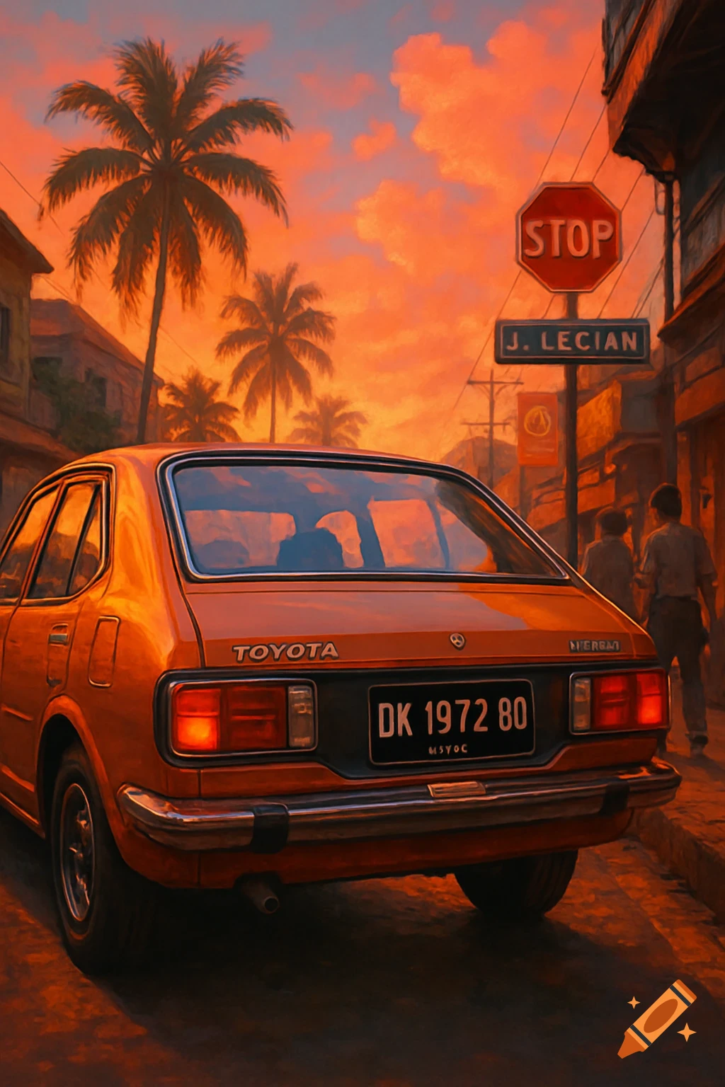 Rear view of an orange 1970s Toyota hatchback parked on a street at sunset with palm trees.