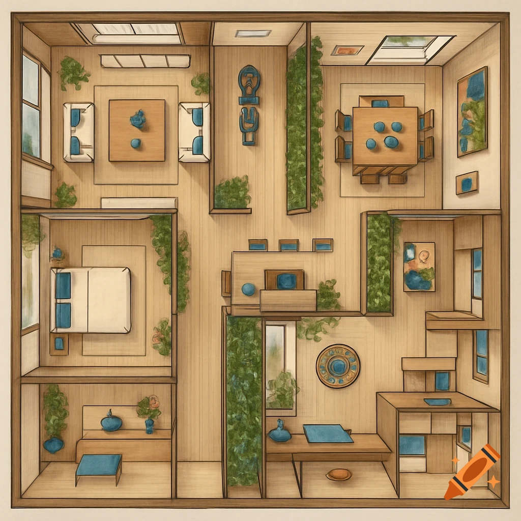 Top-down view of a Japandi-style mansion floor plan with multiple rooms, wooden floors, green plants, and blue accent decor.