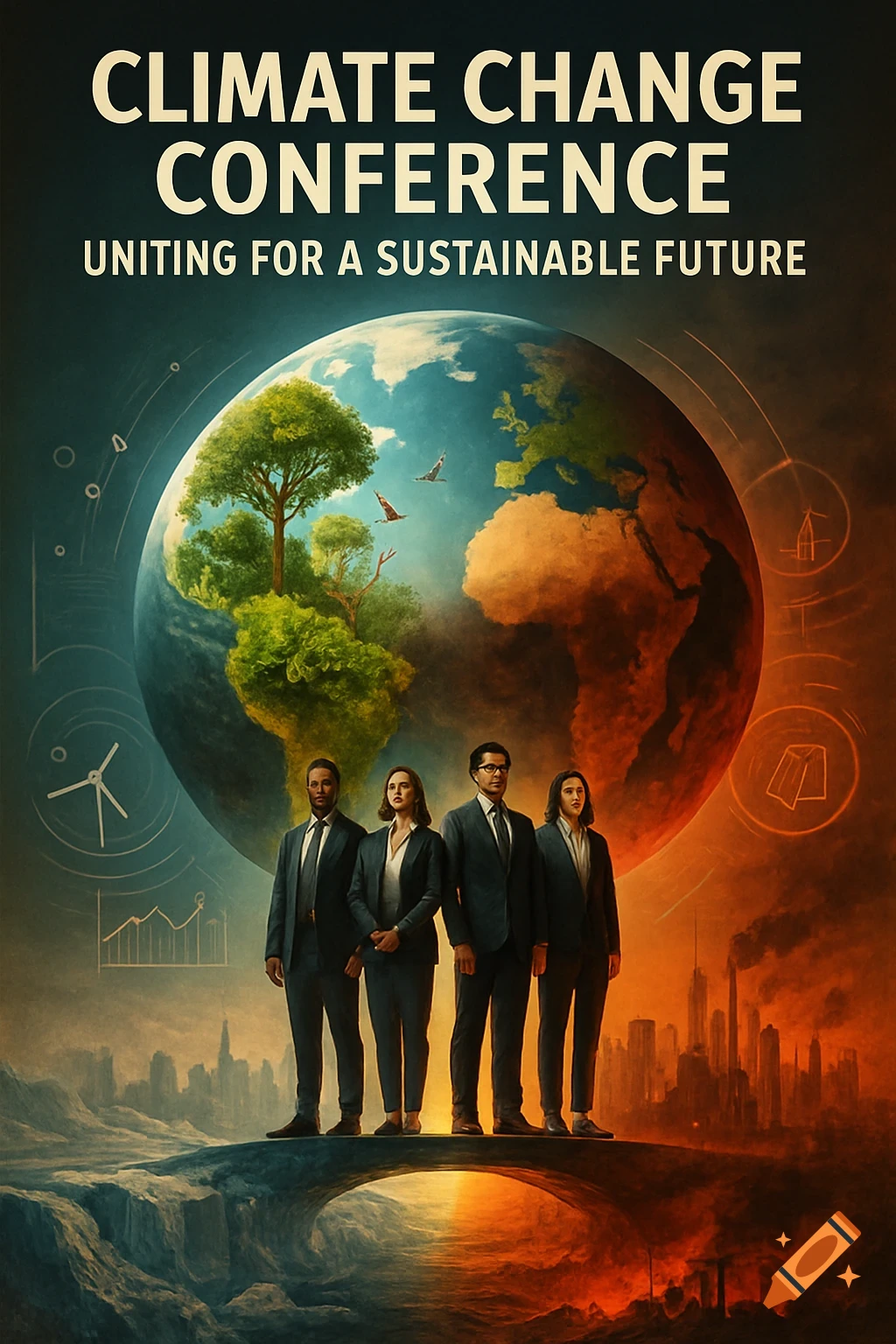 Poster for 'Climate Change Conference Uniting for a Sustainable Future' with globe split between lush green and fiery red, four diverse businesspeople.