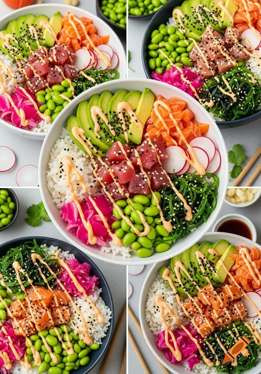 Five vibrant photorealistic poke bowls filled with rice, tuna, salmon, avocado, edamame, seaweed, pickled radishes, sauce, and sesame seeds.