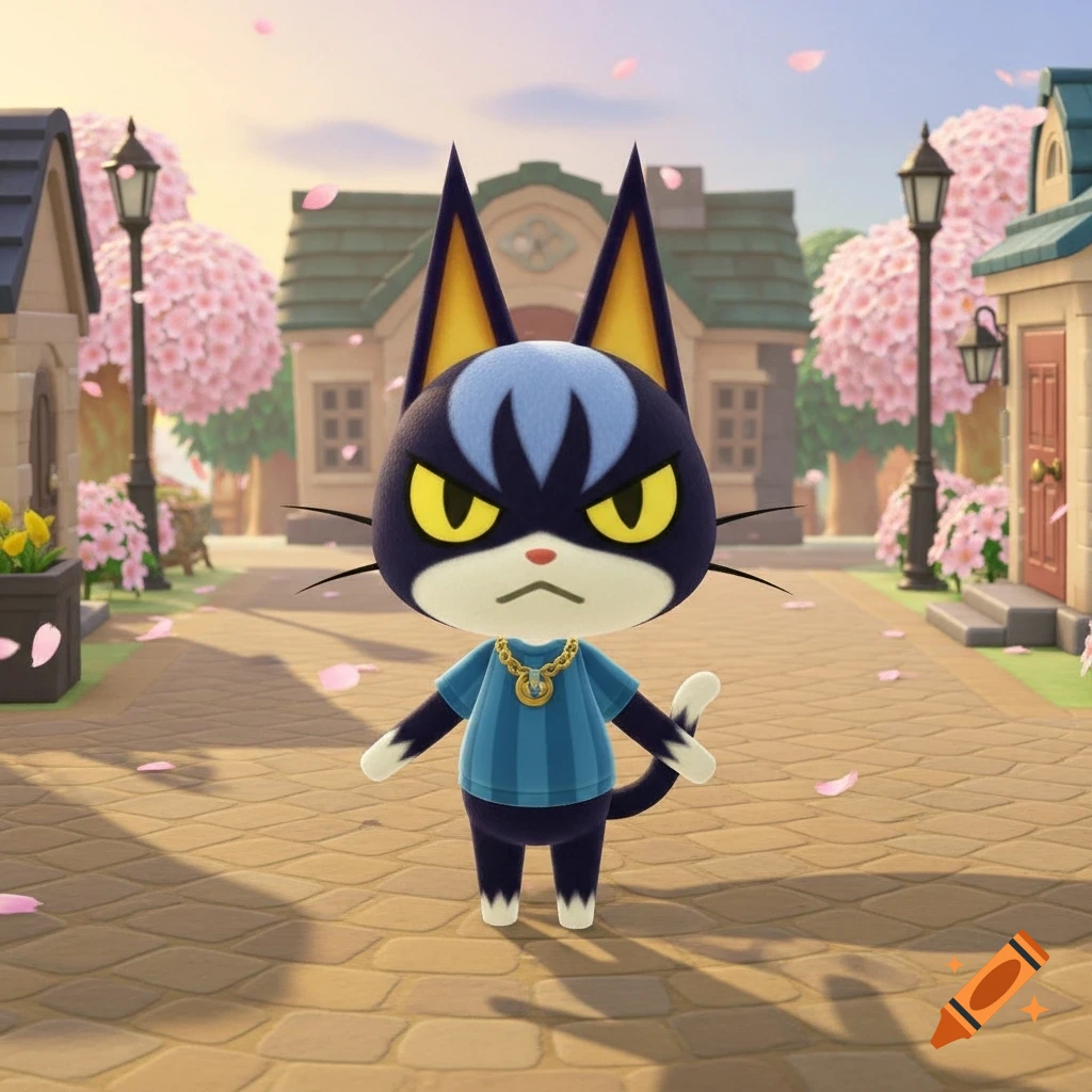 Angry black cat with yellow eyes, wearing a blue shirt and gold chain, in an Animal Crossing village with cherry blossoms.
