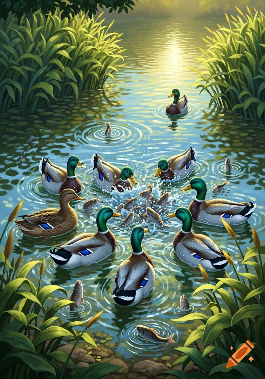 Ducks gather in a sunlit pond, some feeding on small fish jumping out of the water, surrounded by green reeds.