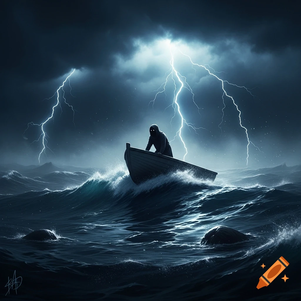 A hooded figure in a boat on a stormy dark sea, lit by dramatic lightning flashes.