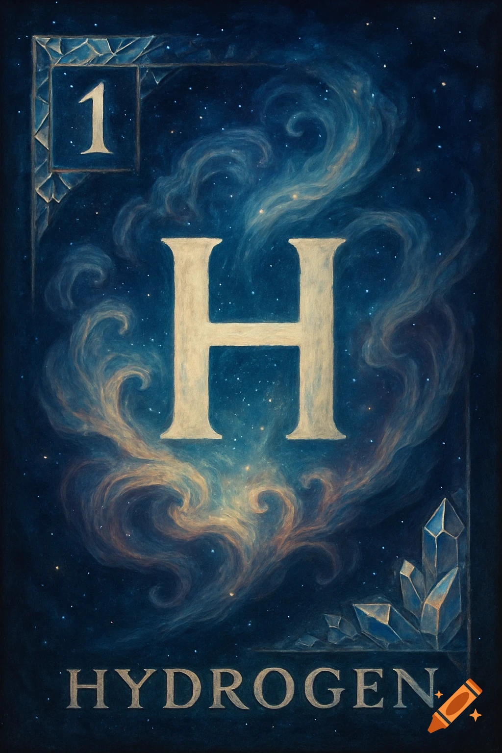 Stylized Hydrogen element card (1, H, HYDROGEN) on a starry blue cosmic background with nebulae and blue crystals.