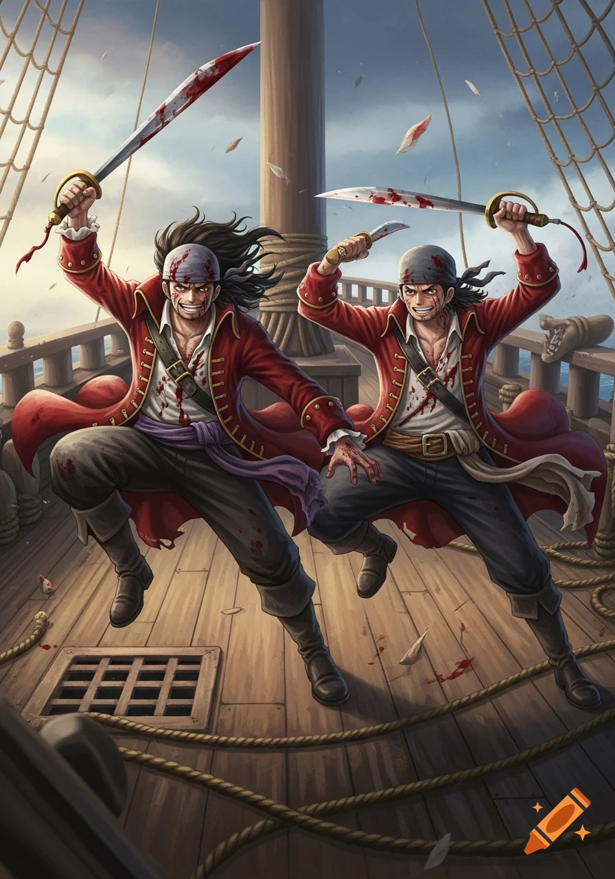 Two fierce pirates in red coats with bloodied cutlasses leap on a weathered ship deck in a dynamic, Ghibli-inspired style.