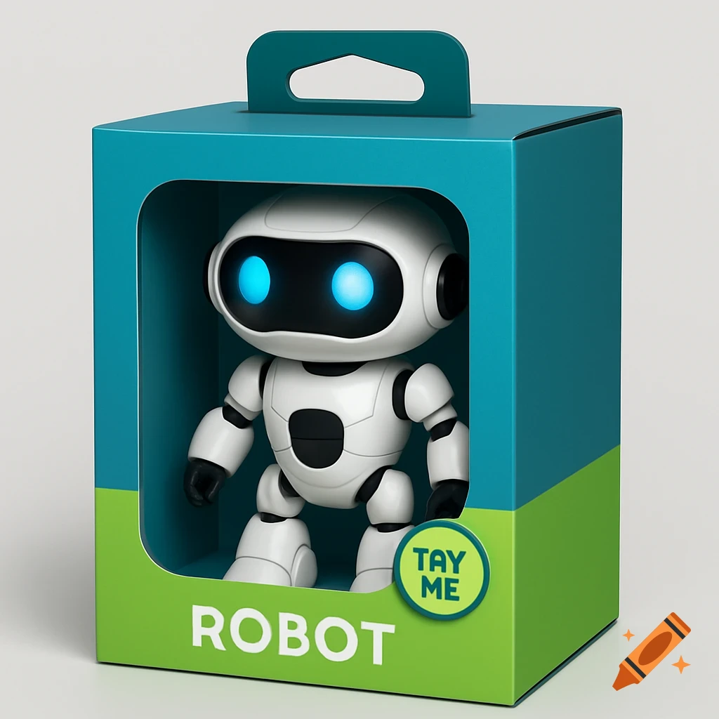 A white and black toy robot with glowing blue eyes in a blue and green retail box with a clear window and 'TAY ME' button.