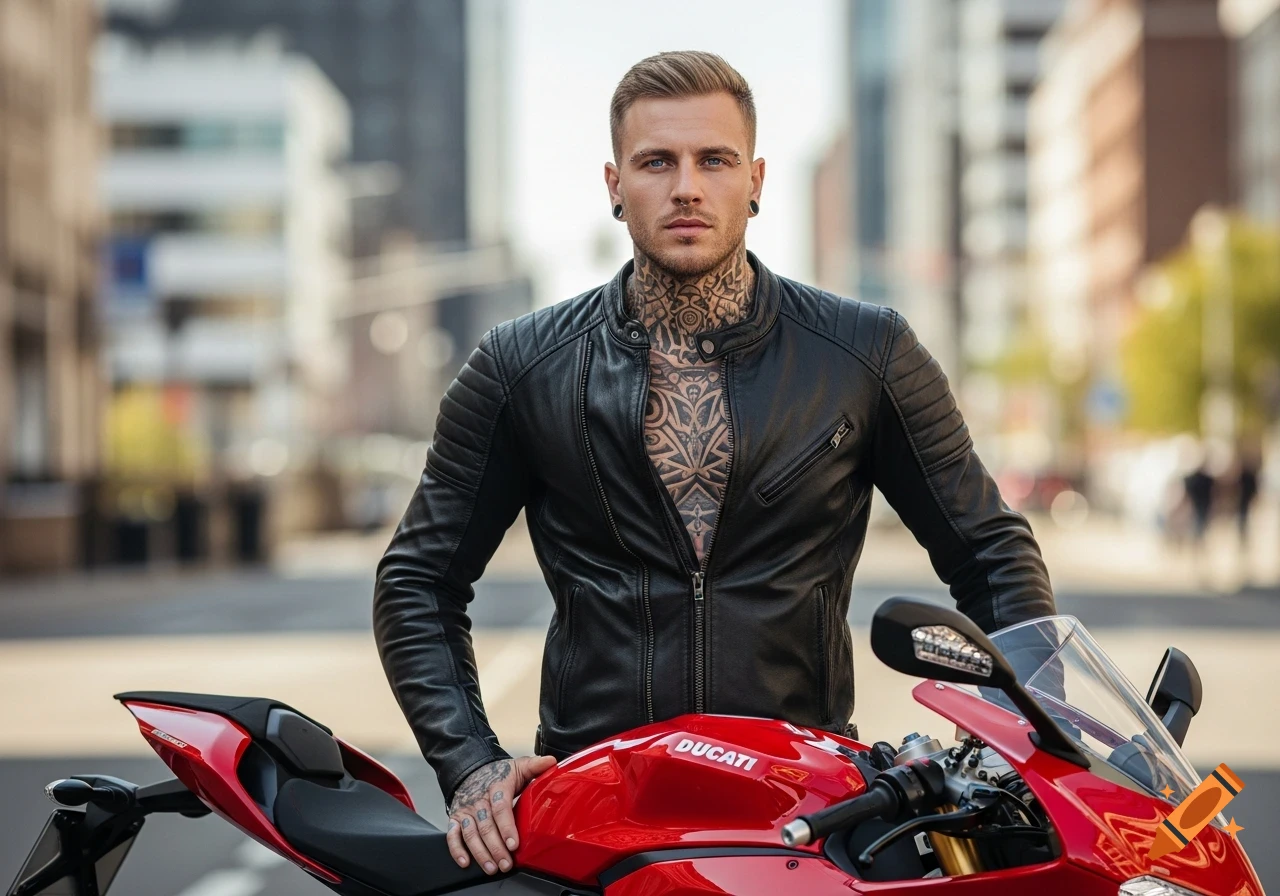 Tattooed man in a leather jacket by a red Ducati motorcycle on a city street, photorealistic.
