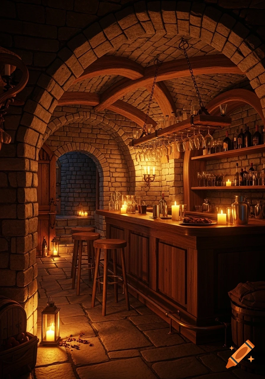 A cozy, dimly lit medieval-style vaulted cellar bar with stone walls, wooden beams, a long wooden bar, stools, and glowing candles.