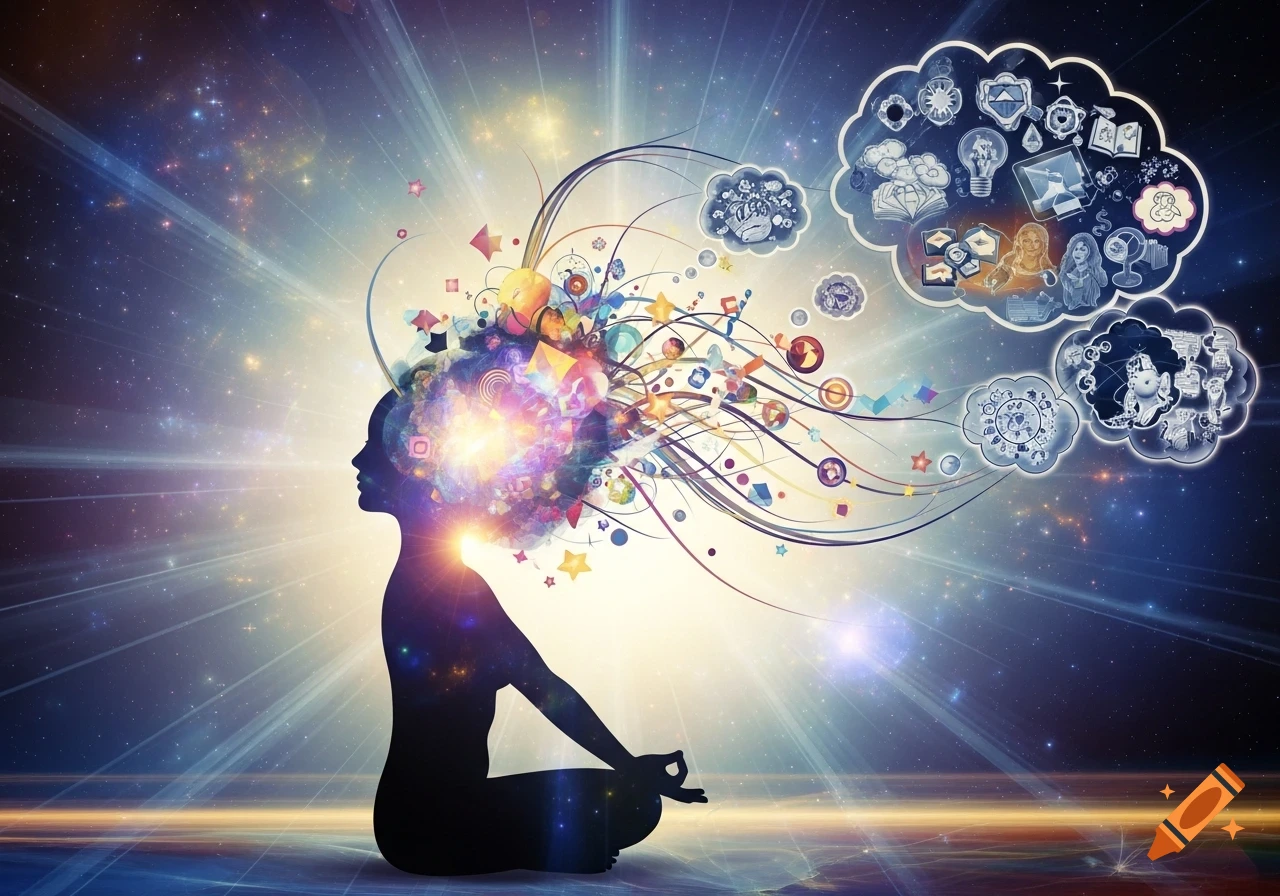 Silhouette of a person meditating, with colorful abstract thoughts and cosmic energy bursting from their head against a starry background.