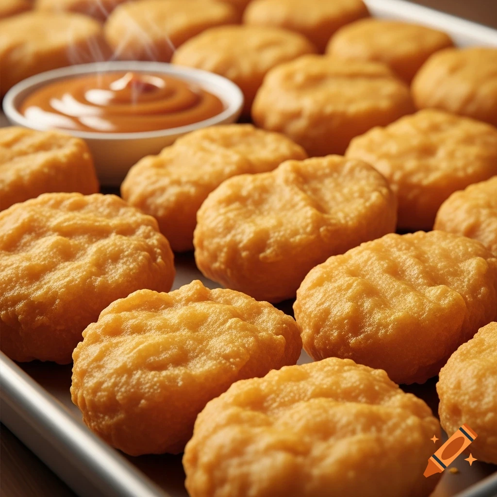A close-up of a tray overflowing with golden-brown chicken nuggets, with a small cup of steaming dipping sauce in the background.