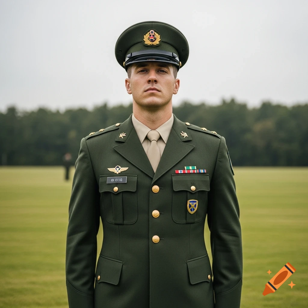 A male soldier in a dark green uniform and cap stands at attention on a ...