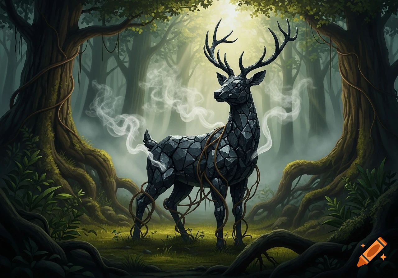 A majestic deer made of dark, faceted coal stands in a mystical, foggy forest with glowing light filtering through the trees. Wisps of smoke rise from its body.