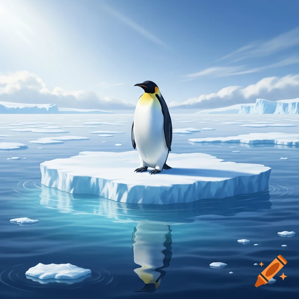 An emperor penguin stands on a small iceberg in calm blue water under a bright sky, with distant icebergs and a reflection.