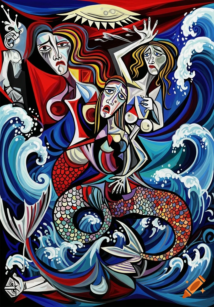 A vibrantly colored Cubist-style painting depicts several distressed mermaids in abstract forms amidst swirling blue and white waves.