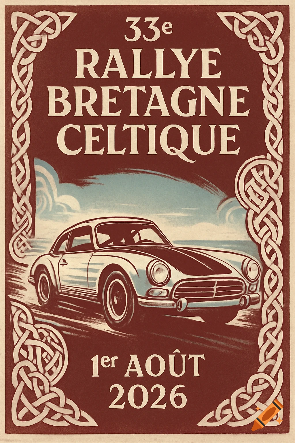 Vintage poster for the 33rd Rallye Bretagne Celtique with a classic car on a road, framed by Celtic knotwork.