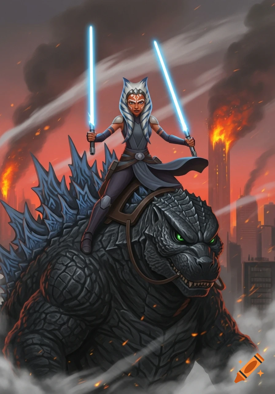 Ahsoka Tano, wielding two blue lightsabers, rides Godzilla through a burning city under smoke-filled skies, in an illustration.