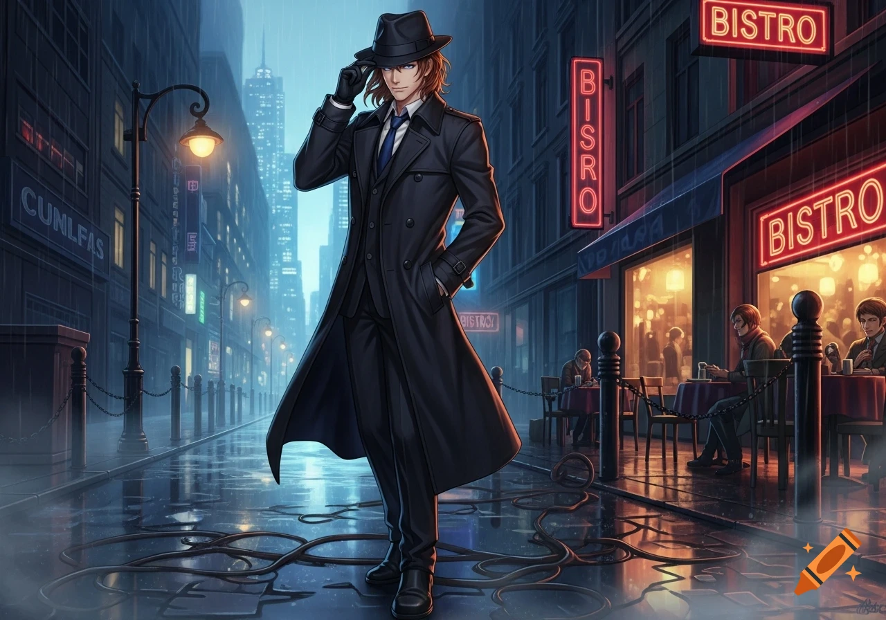 An anime-style man in a black trench coat and fedora stands on a rainy city street at night, tipping his hat. Neon signs glow, and a bistro is visible in the background.