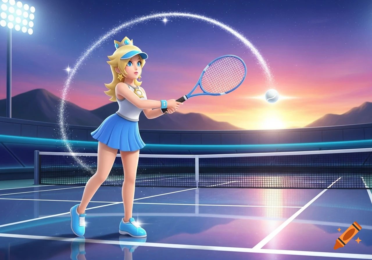 Rosalina from Mario plays tennis on a court at dusk, hitting a sparkling tennis ball with her racket under stadium lights.