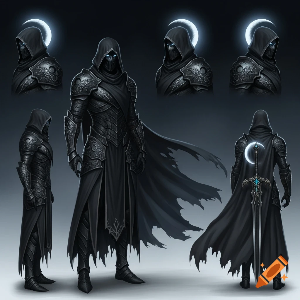 A turnaround sheet displaying a dark hero in a black hooded cloak and ornate dark armor, with glowing blue eyes and a sword on the back featuring a crescent moon symbol.