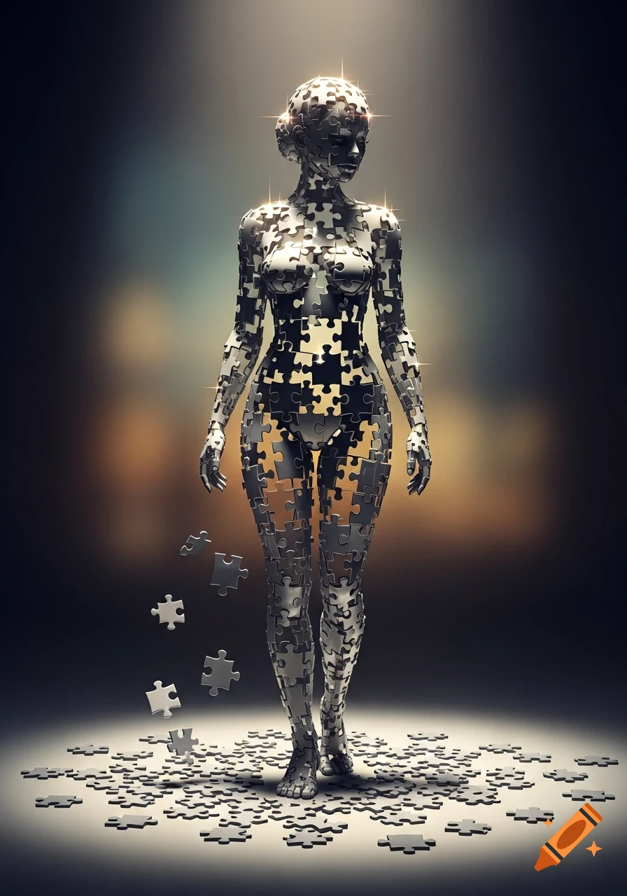 A stylized woman made of shiny grey and gold puzzle pieces, with some pieces on the floor, against a dark, glowing background.