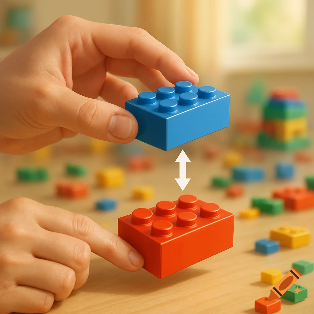 A hand holds a blue Lego brick above a red one, with an arrow indicating connection. Colorful bricks are in the background.