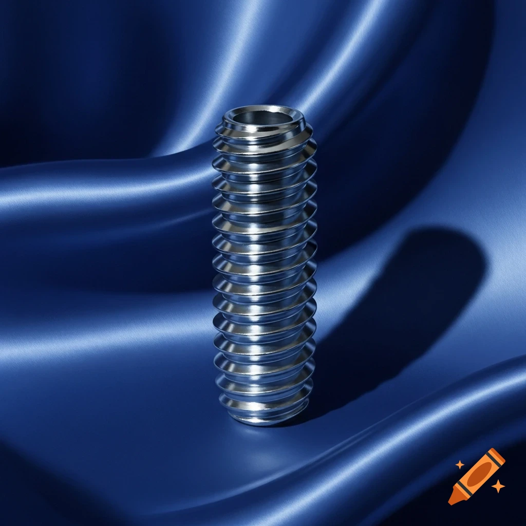 A shiny metallic threaded screw stands upright on a dark blue silk background.