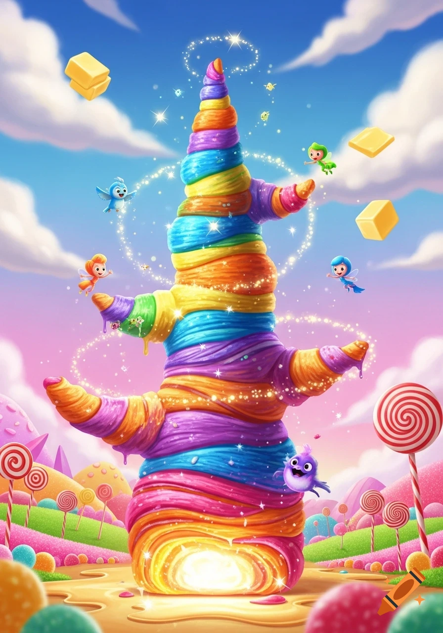 A vibrant fantasy candy land with a giant rainbow spun-sugar tree, lollipops, and tiny whimsical fairy-like creatures floating around.