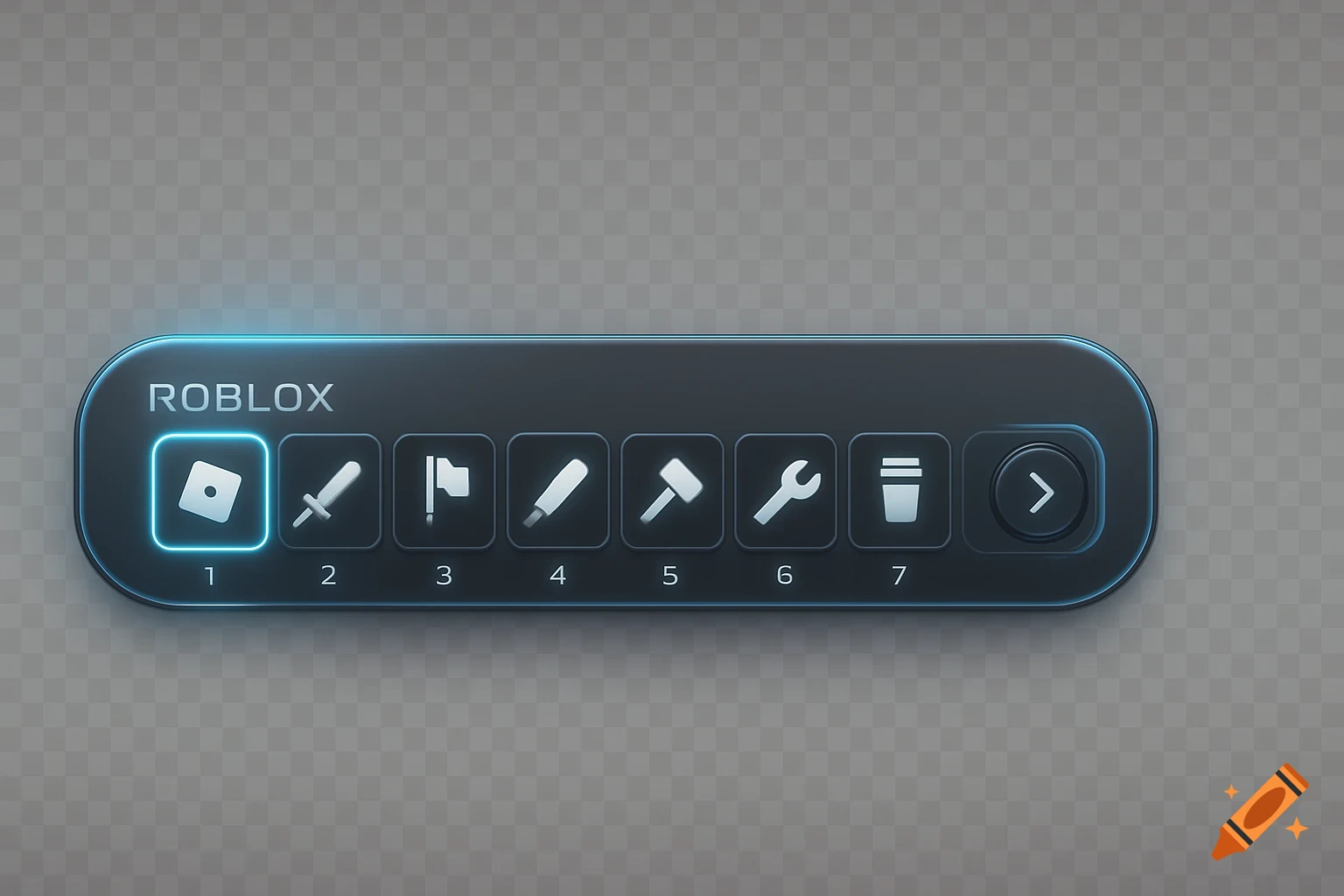 A dark grey Roblox GUI hotbar with seven icons and numbers on a transparent background.