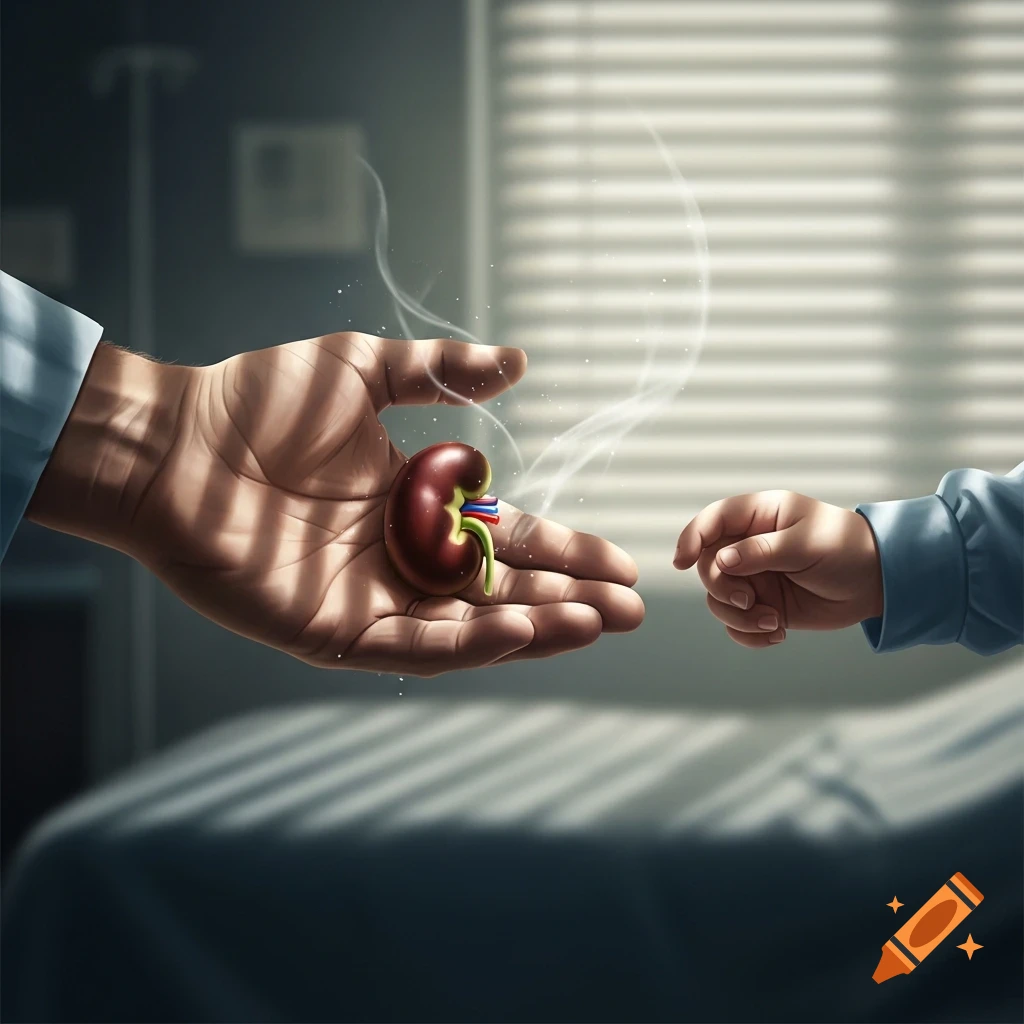An adult hand holds a kidney towards a child's hand in a hospital, symbolizing medical donation.