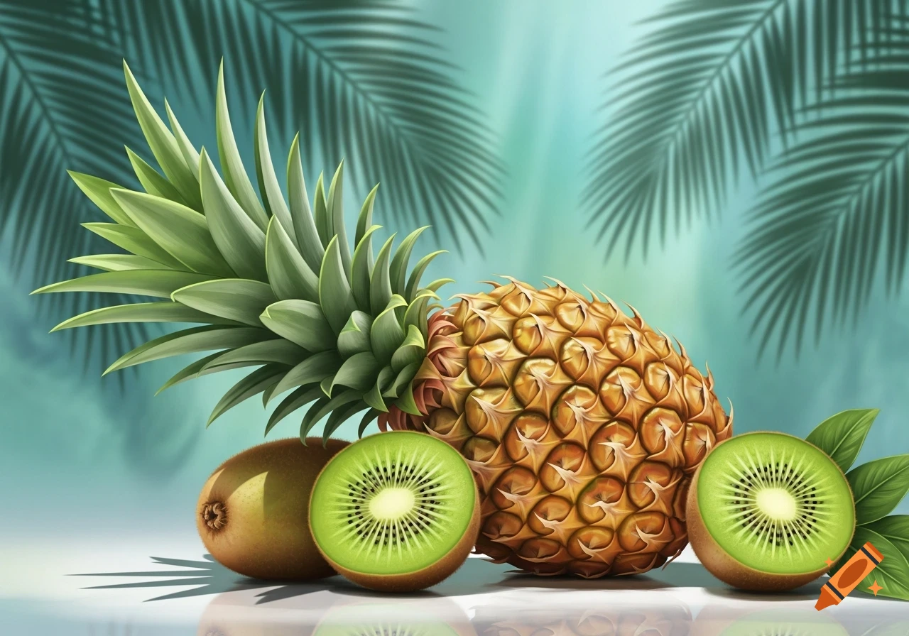 A still life composition featuring a pineapple and sliced kiwis on a reflective surface, set against a blurred background with palm leaves.