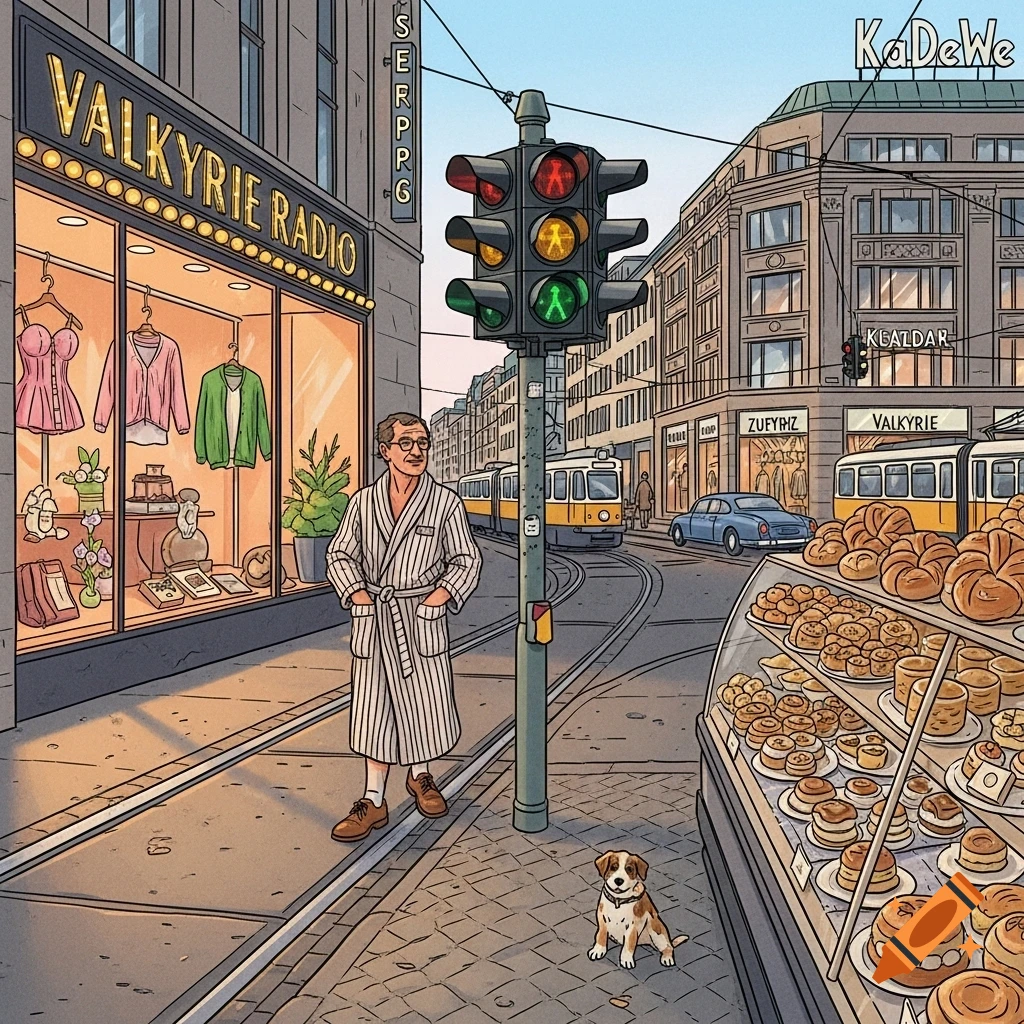 A man in a striped bathrobe stands on a city street next to a storefront and a bakery display, with trams, a traffic light, and a small dog.