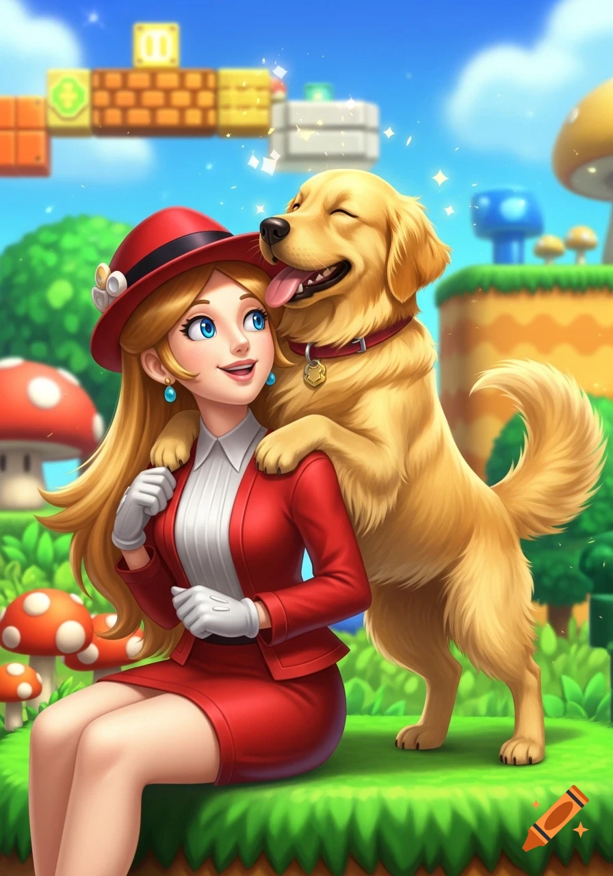 A blonde woman in a red suit and hat, Pauline, sits on grass, smiling at a Golden Retriever licking her face in a colorful Super Mario Bros. inspired landscape.