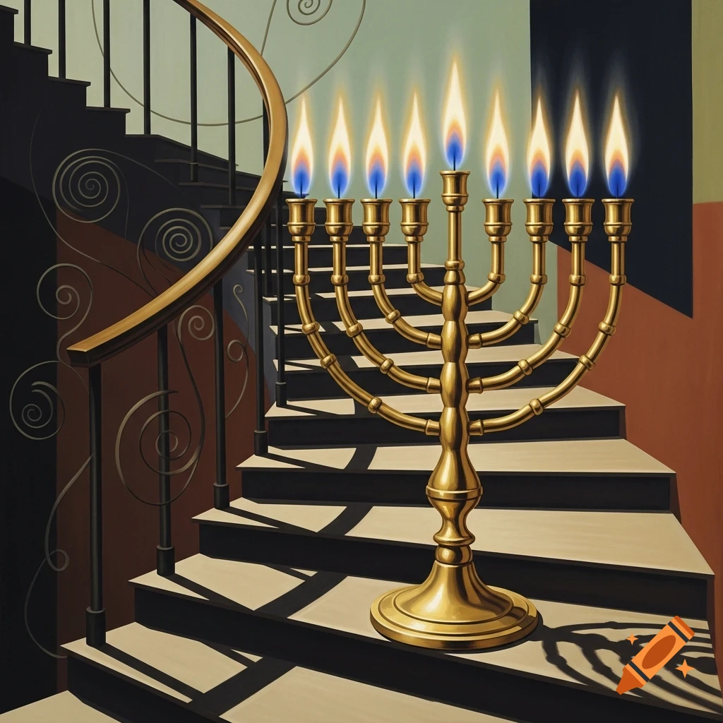 A gold Hanukkah menorah with lit candles on a geometric staircase with an ornate railing, in a Cubist/Art Deco painting style.