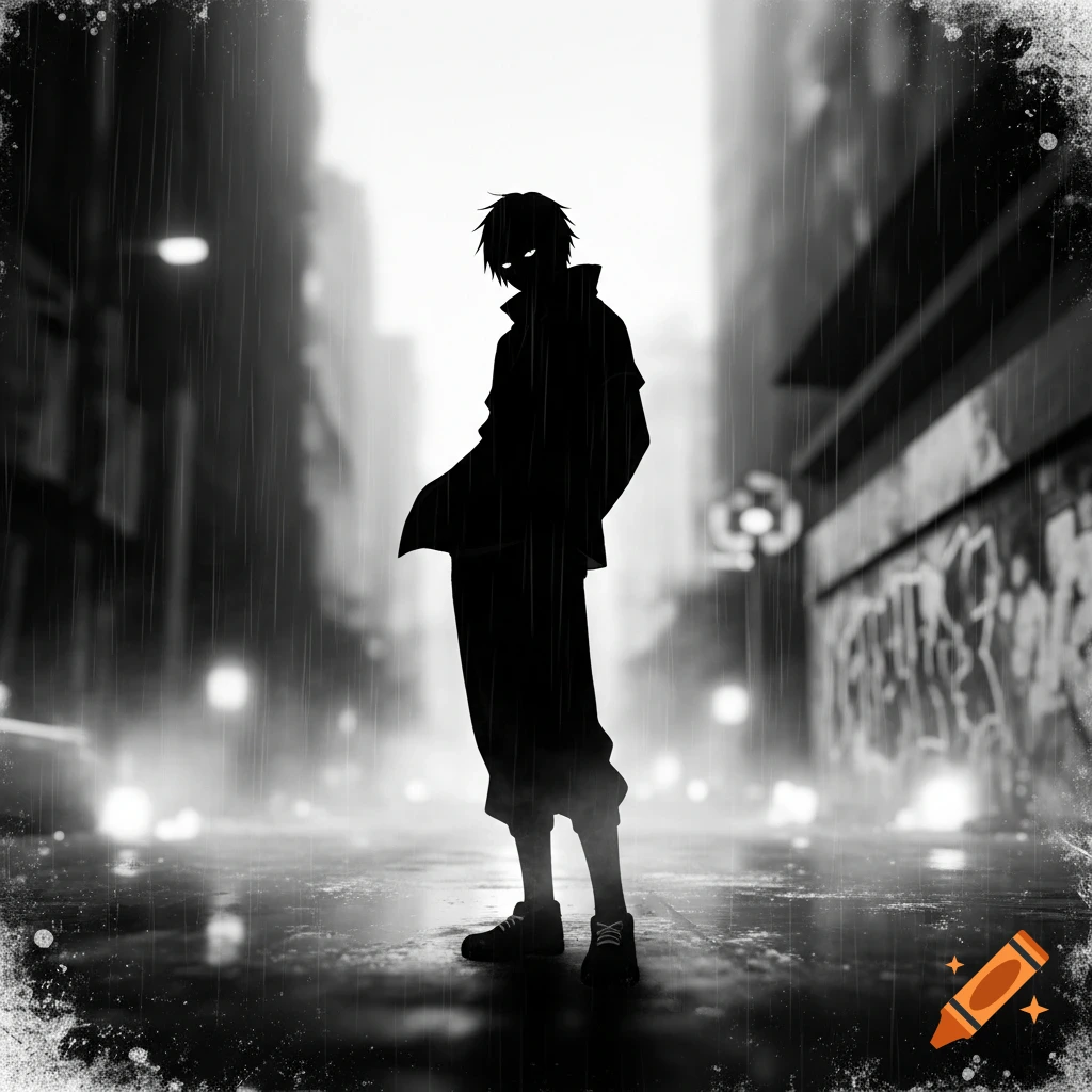 Dark silhouette of an anime character standing in a rainy, grunge-style monochrome city street.