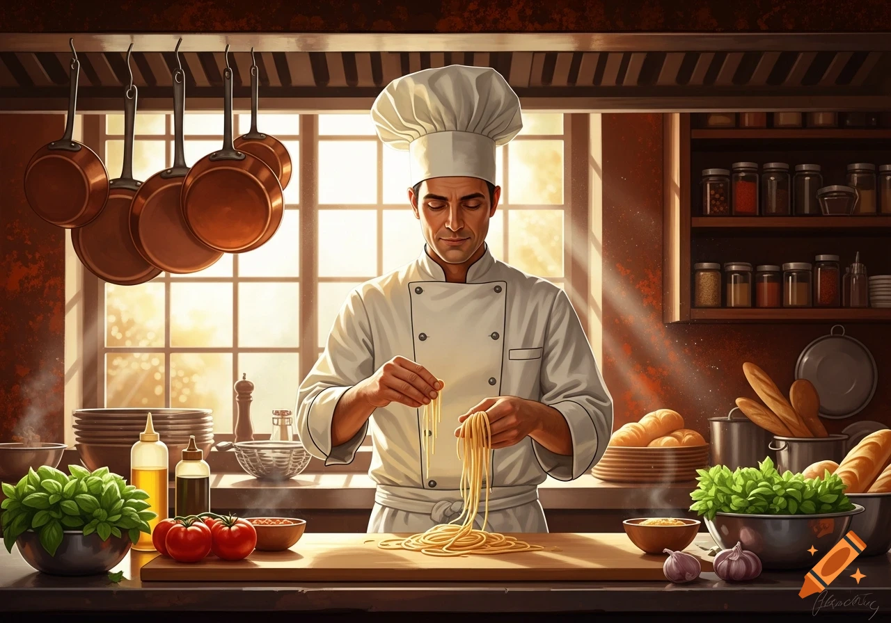 A male chef in a white uniform prepares pasta on a cutting board in a sunlit kitchen, surrounded by fresh ingredients and cookware.