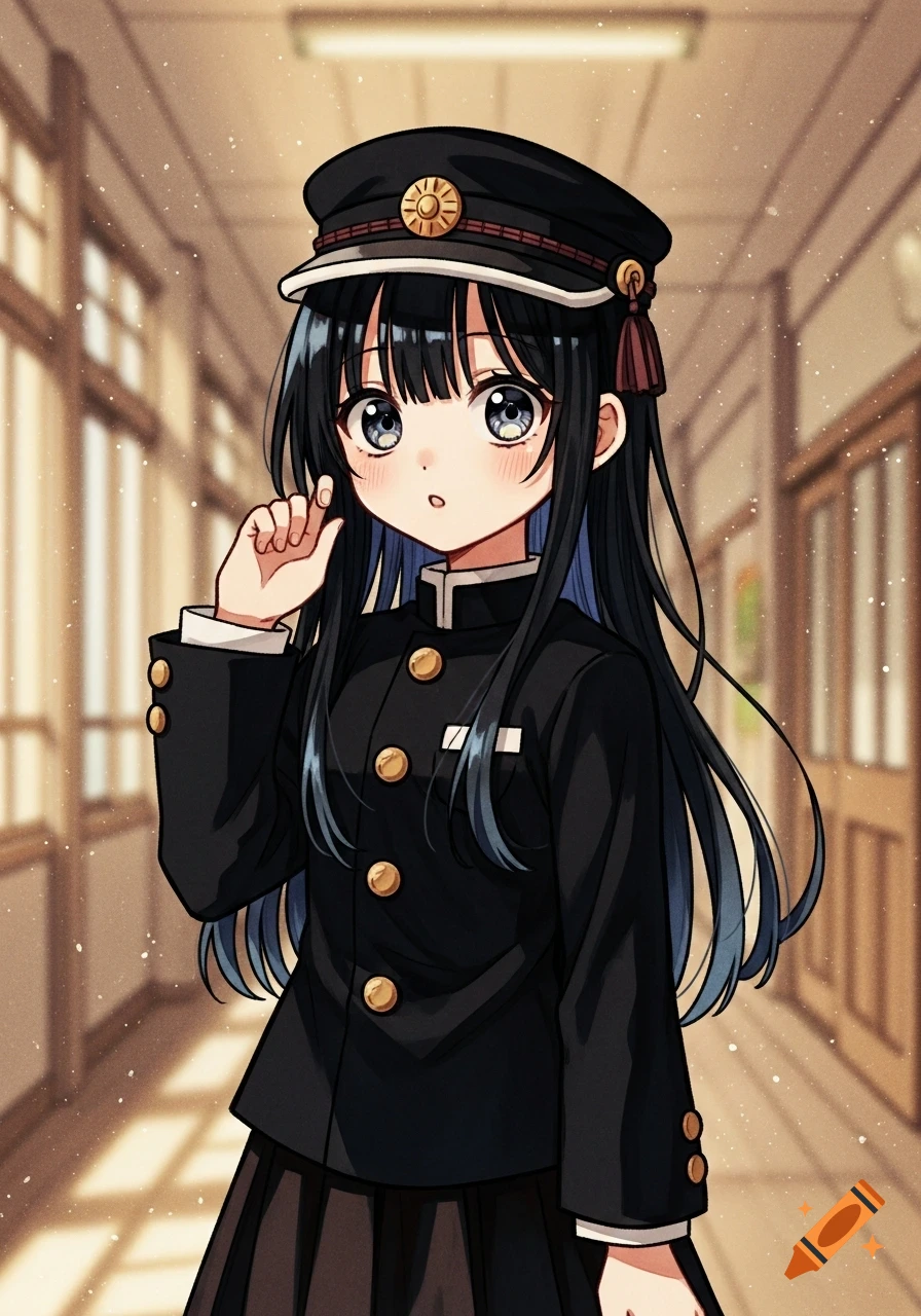 An anime girl with black hair and blue eyes, wearing a black gakuran uniform and student hat, stands in a school hallway.