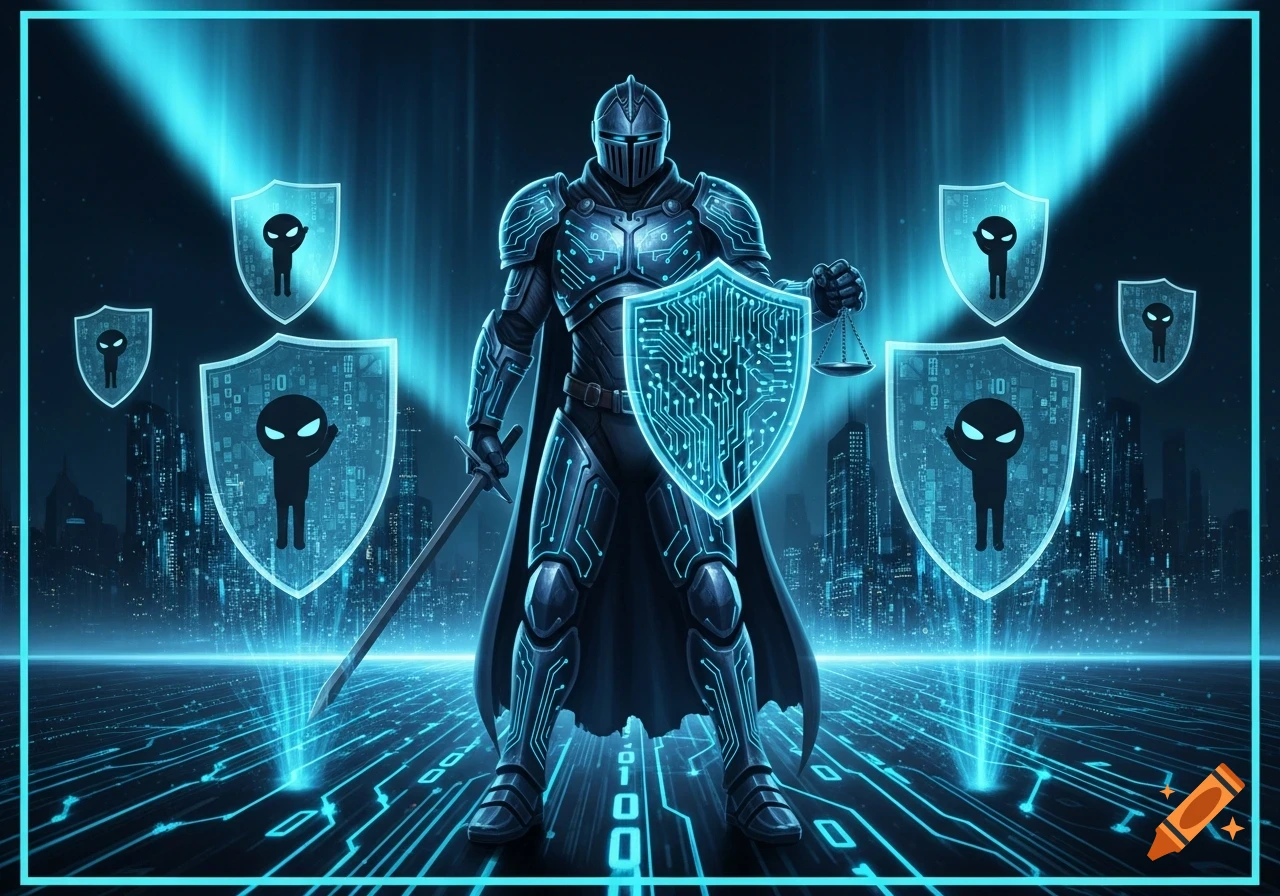 A futuristic knight in glowing blue armor holds a circuit board shield and sword, standing on a digital floor with a cityscape backdrop.