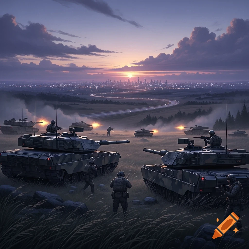 Concept art of tanks and soldiers in an open field battle at dusk, a highway and city lights visible in the background.