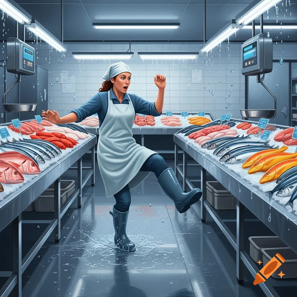 A female fishmonger in an apron and rubber boots slips on a wet floor in a brightly lit fish market.