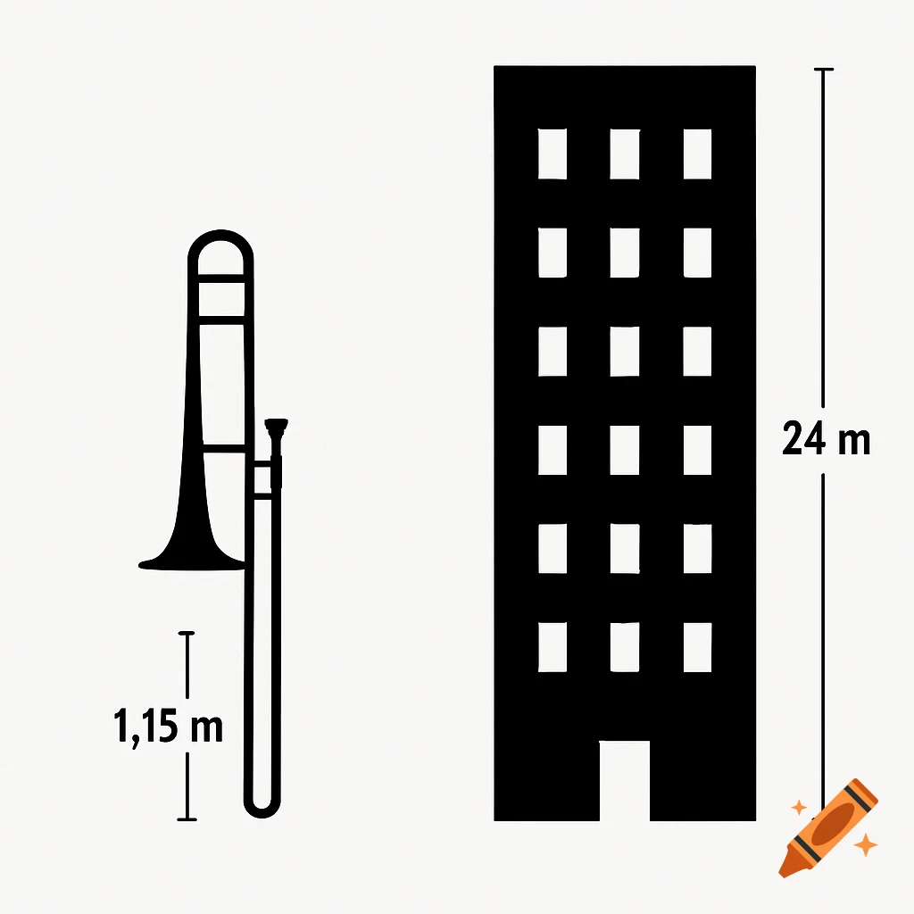 Minimalist technical illustration showing black silhouettes of a 1.15m trombone and a 24m building with measurements on a white background.