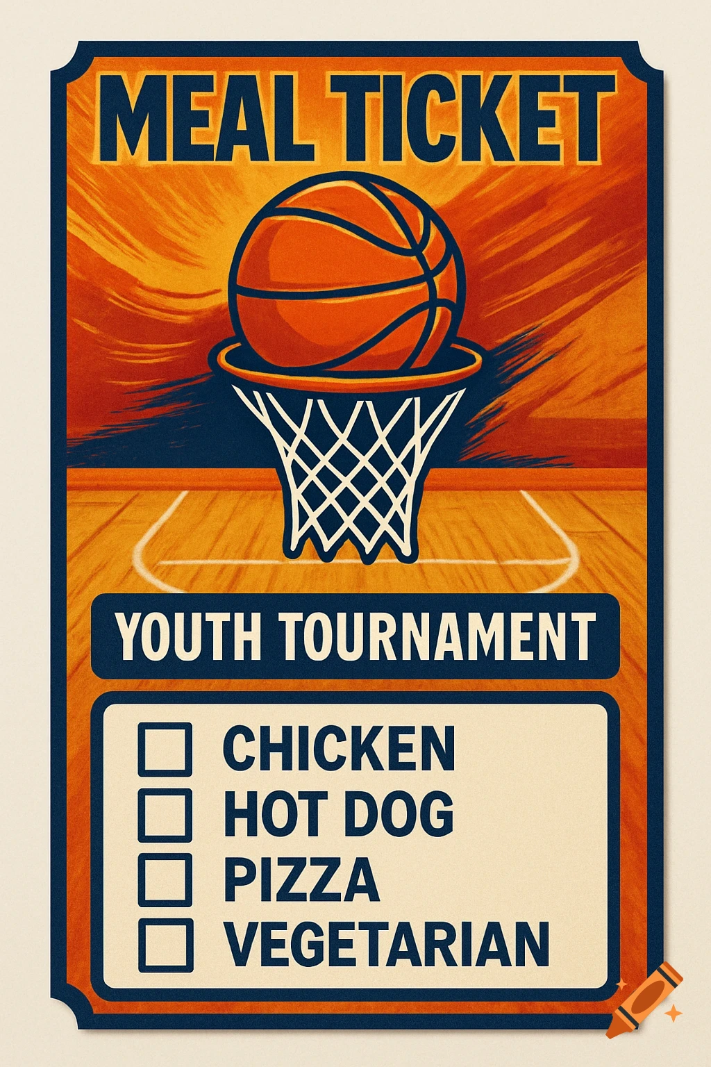 A stylized meal ticket for a youth basketball tournament, featuring a basketball hoop, court, and checkboxes for food options: chicken, hot dog, pizza, vegetarian.