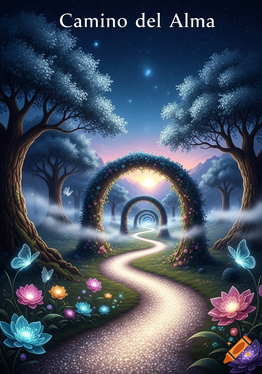 A glowing path winds through a magical forest with illuminated trees, floral arches, and luminous butterflies under a starry sky. Text: "Camino del Alma".