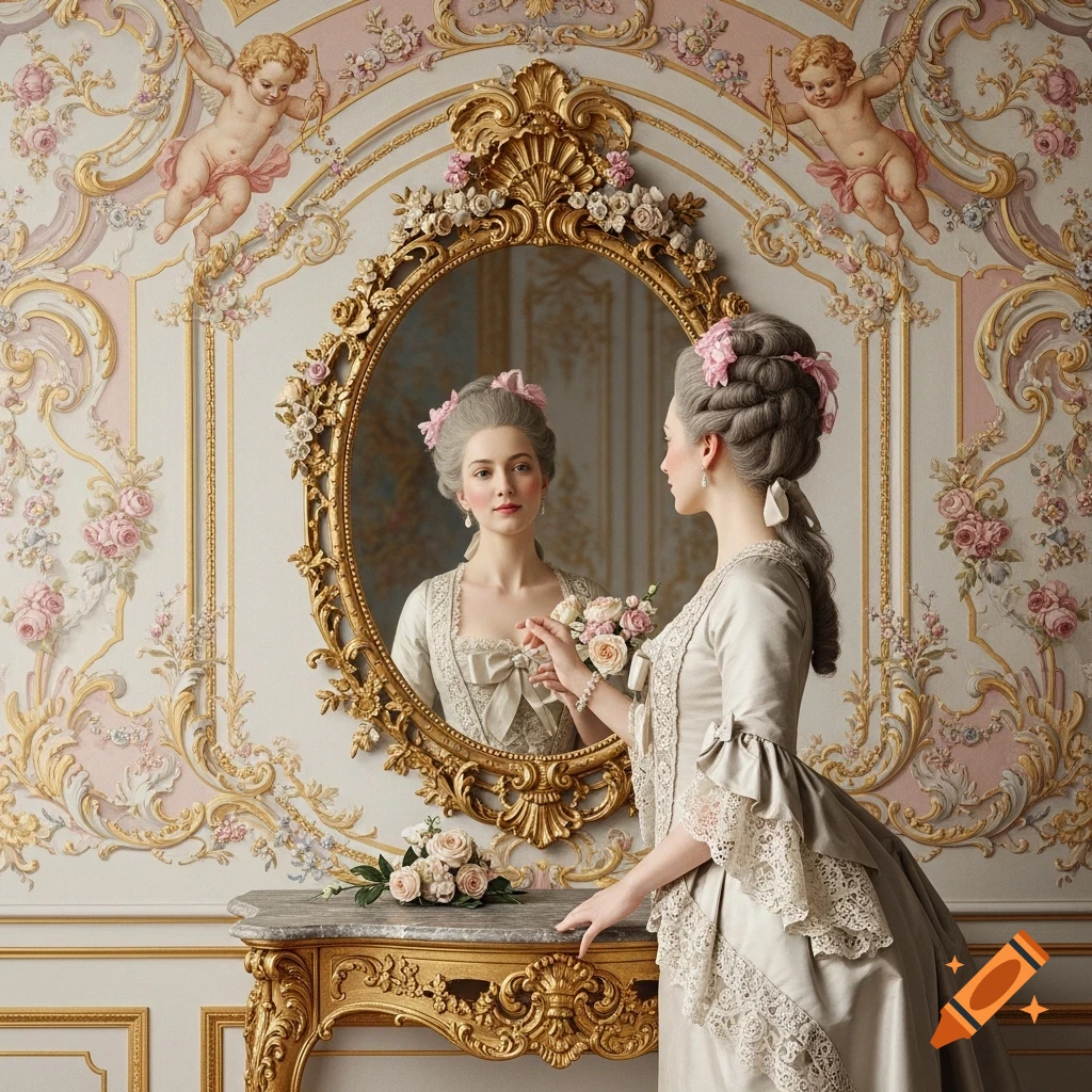 A woman in a gray Rococo gown with pink ribbons looks into an ornate gold mirror in a lavish room decorated with cherubs and flowers.
