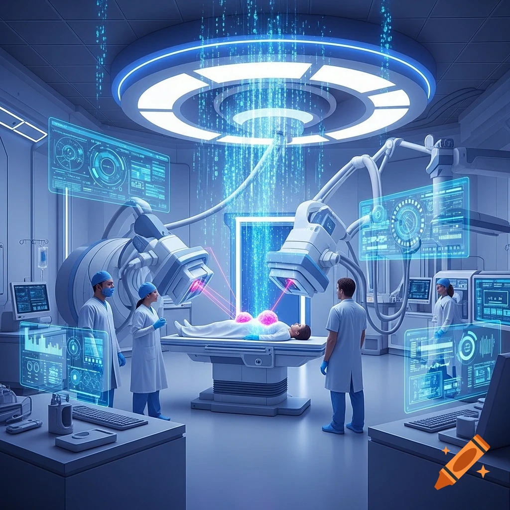 A futuristic operating room with doctors surrounding a patient on a table, advanced medical machines, and glowing holographic displays showing data.